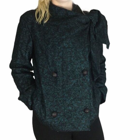 Piazza Sempione Teal Tweed Neck Tie Cropped Wool Jacket Italy 40 - Picture 2 of 8